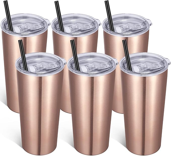 VEGOND 20oz Tumbler Bulk with Lid and Straw 6 Pack, Stainless Steel Vacuum Insulated Tumbler, Double Wall Coffee Cup Travel Mug, Rose Gold