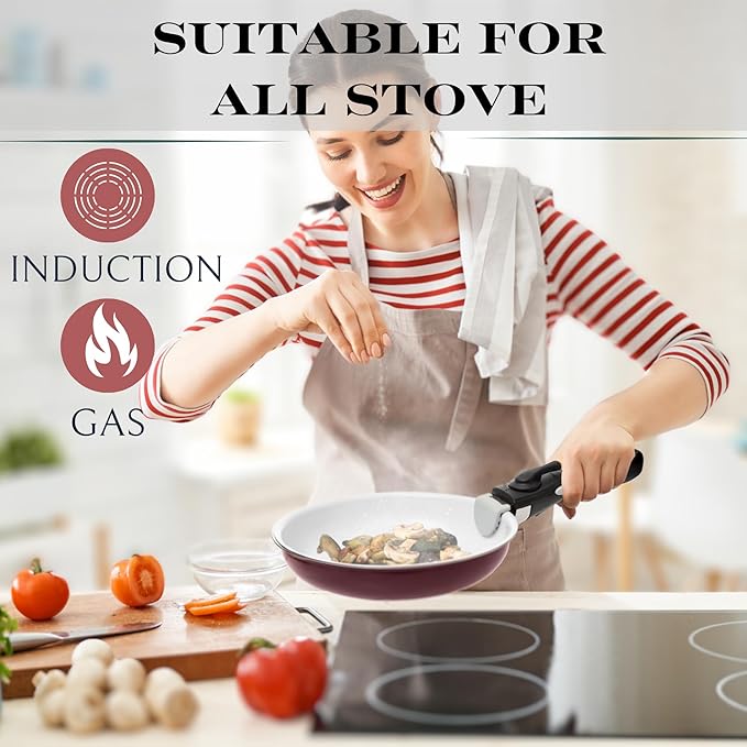 Moss & Stone Aluminum Pots And Pans Set Nonstick, Removable Handle Cookware, Stackable Pots And Pans Set, Dishwasher safe, Induction Pots And Pans, Camping Cookware Set (5 Pcs Burgandy)