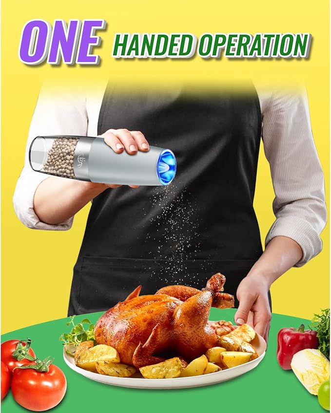 Rongyuxuan Gravity Salt and Pepper Mill Set,Electric Automatic Pepper Grinder Mill Shaker with Battery Powered,Stainless Steel,Blue LED Light,Adjustable Coarseness,One Hand Use,Light Grey