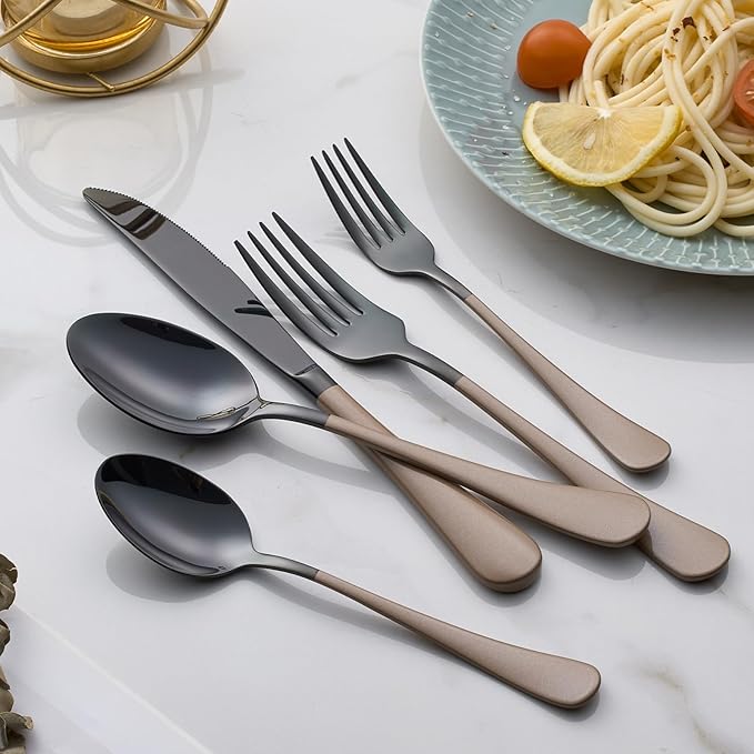 20-Piece Black Silverware Set 18/0 Stainless Steel Flatware Brown Handle Cutlery Set Service for 4 Dinner Knives Forks Spoons Set Mirror Finish Dishwasher Safe