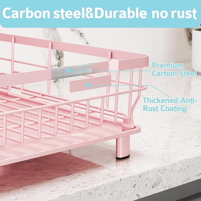 Dish Drying Rack - Space Saving Dish Rack - Dish Racks for Kitchen Counter with Drainboard,Rustproof Dish Drainer with Removable Utensil Holder,Pink