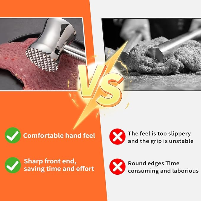 304 Stainless Steel Meat Tenderizer Mallet, 9.6'' Dual Side Heavy Duty Meat Mallet, Easily Softens Steak, Chicken, Pork and Beef, Kitchen Meat Hammer Tenderizer, Dishwasher Safe