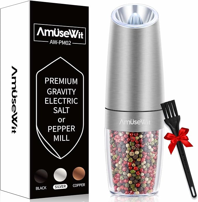 AmuseWit Electric Gravity Pepper Mill or Salt Grinder Mill [White Light] - Battery Operated Automatic Pepper Grinder with Light, One Handed Operation, Adjustable Coarseness, Stainless Steel