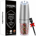 AmuseWit Electric Gravity Pepper Mill or Salt Grinder Mill [White Light] - Battery Operated Automatic Pepper Grinder with Light, One Handed Operation, Adjustable Coarseness, Stainless Steel