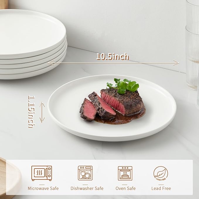 Jassceram 10.5 Inch White Dinner Plates Set of 6, Ceramic Round Plates for Kitchen or Restaurant, Salad Plates Modern Dish Set - Microwave, Oven and Dishwasher Safe, Scratch Resistant and Lead-free