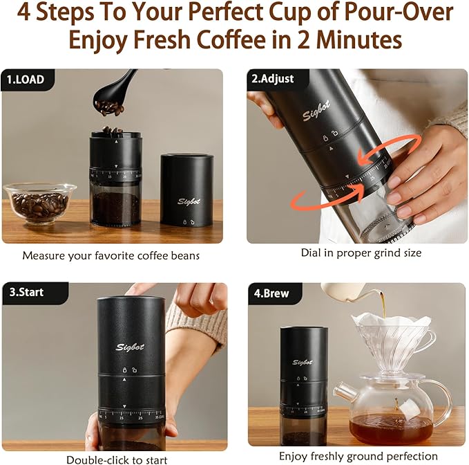 Portable Electric Coffee Grinder - 38 Grind Settings, Conical Burr & Black Stainless Steel Body, Rechargeable Mill for Espresso, Moka Pot, Turkish, Ideal for Camping and Travel