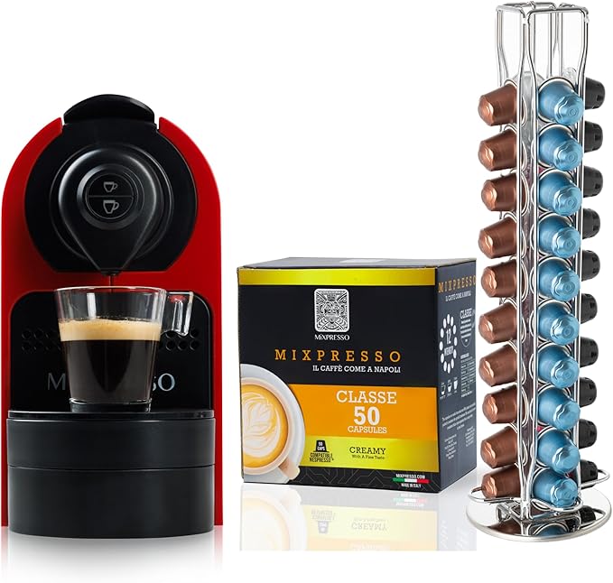 Mixpresso Espresso Machine Bundle with Nespresso Compatible Capsules, Italian Roasted Coffee and Capsule Spinning Carousel Holder - Compact Home Coffee Set, One-Touch Operation