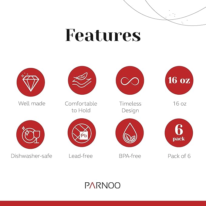 Pint Glasses Set of 6 - 16 oz Drinking Glasses Made for Cold Beverages - 16 oz Mixing Glass & Highball Set of 6 for Homes, Pubs & More - Freezer & Dishwasher-Friendly Cocktail Glasses, PARNOO