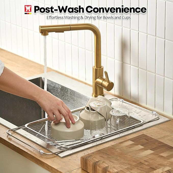 Extendable Dish Rack with Feet, Vegetable Colander Basket, Stainless Steel Dish or Silverware Drying Rack, Ultimate Kitchen Organizer Over The Sink (12.99 x 9.65 x 2.76 Inches)