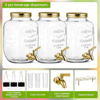 Lallisa 3 Pcs 2.5 Gallon Beverage Dispensers for Parties Glass Drink Water Dispenser with Stand Stainless Steel Leakproof Spigot Ice Cylinder Hanging Chalkboard Signs Pen(Gold)