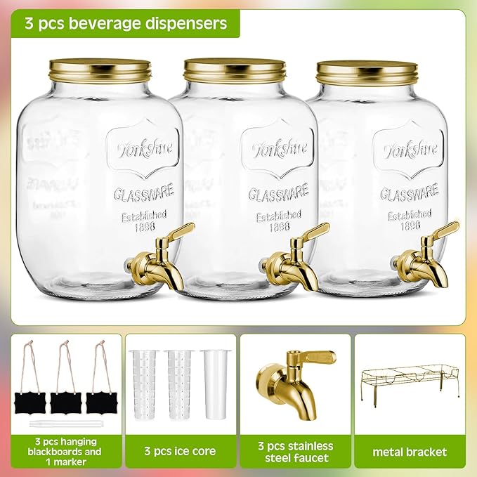 Lallisa 3 Pcs 2.5 Gallon Beverage Dispensers for Parties Glass Drink Water Dispenser with Stand Stainless Steel Leakproof Spigot Ice Cylinder Hanging Chalkboard Signs Pen(Gold)