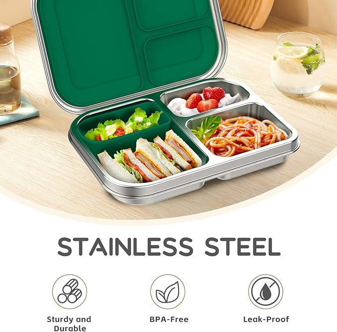 Stainless Steel Kids Leak-Resistant Bento Lunch Box, 3-Compartments with Silicone Container, Dishwasher-Safe, Child-Friendly Design for School, Picnics & Travel,BPA-Free (Green)
