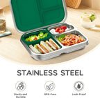 Stainless Steel Kids Leak-Resistant Bento Lunch Box, 3-Compartments with Silicone Container, Dishwasher-Safe, Child-Friendly Design for School, Picnics & Travel,BPA-Free (Green)