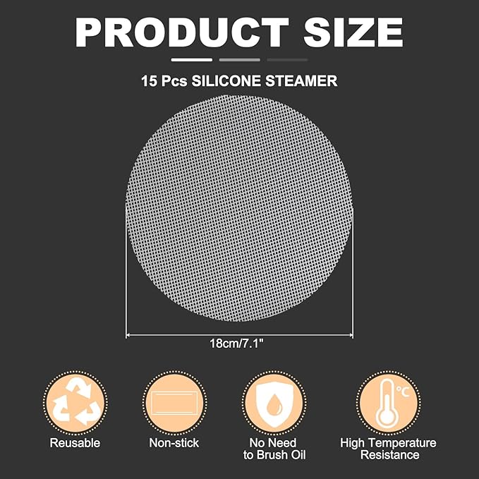 uxcell 15pcs Silicone Steamer Liners, 7.1" Bamboo Steamer Liner Non-Stick Silicone Air Fryer Steamer Liners for Buns Dumplings Pastry Baking White