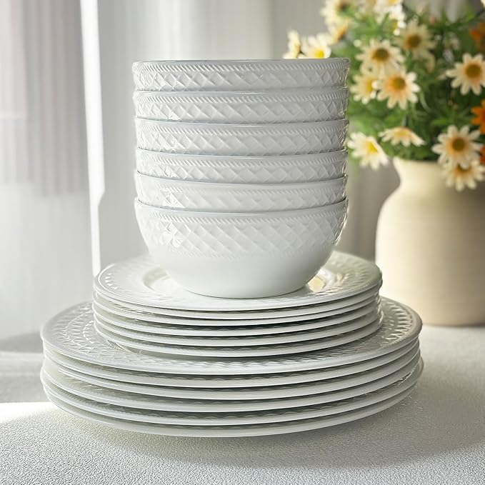 18-Piece Bone China Dinnerware Set for 6, White Porcelain Plates and Bowls with Textured Design, Lightweight Microwave Dishwasher Safe for Family Dining