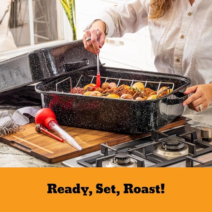 Granite Ware 25 lb Rectangular Roaster Set (10pcs), includes Lid, V-Rack, 2 pack brining bags, oven/grill-safe meat Thermometer, Turkey Baster with sylicon bulb, small brush