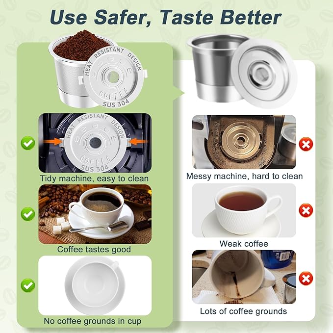 NESSUS K Cup Reusable Coffee Pods for Keurig 1.0, Stainless steel Reusable K Cups, Metal K Cups for Keurig Coffee Pods Reusable with Heat Resistant Handles and Coffee Scoop, NO BPA, 4 Pack