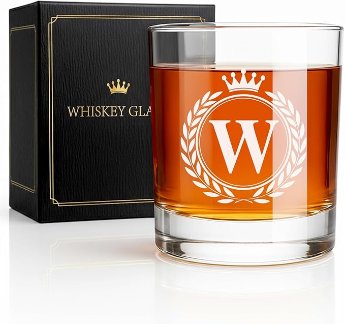 Whiskey Glasses - Rocks Old Fashioned Glass Gifts for Men, Monogrammed A-Z 10oz Personalized Whisky Glasses, Christmas Birthday Gifts for Men Him Dad Father Husband Brother Son (W)