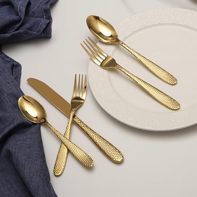 Gold Hammered Silverware Set, 20 Piece Stainless Steel Heavy Duty Flatware Set for 4, Food-Grade Tableware Cutlery Set for Home Restaurant, Mirror Polished, Dishwasher Safe