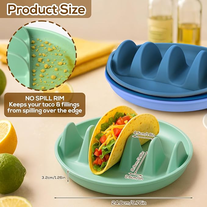 Silicone Taco Holder Plates Set of 3 - Reusable Taco Stand Plates with 4-Shell Slots, Oven/Microwave/Dishwasher Safe, Non-Slip Base for Tortillas Party Serving, Family Dinner & Meal Prep Accessories