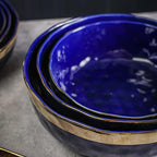 Stone Lain Florian Porcelain 3-Piece Round Bowl Service Set, Blue with Gold Rim