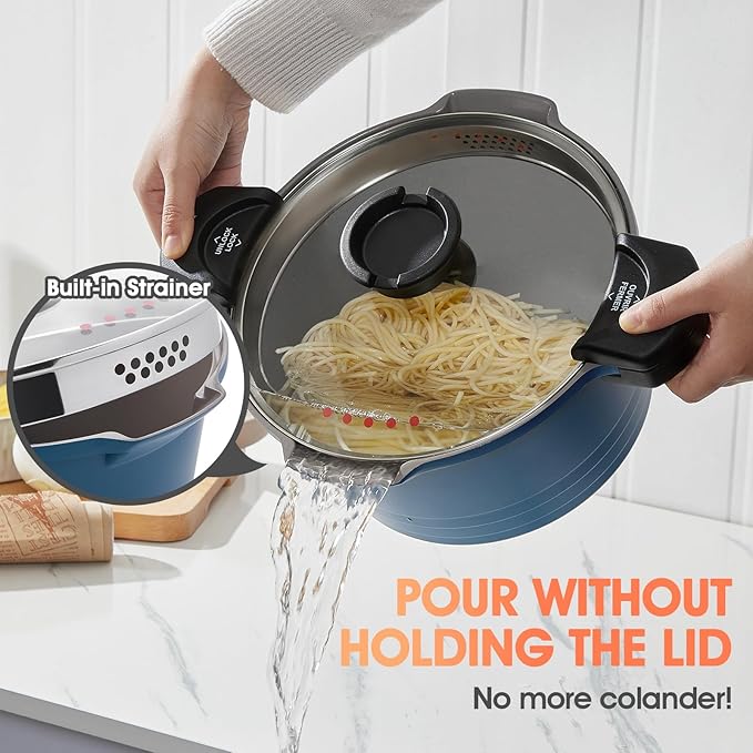 ACTIV CUISINE 8.5qt Pasta Pot with Strainer Lid, Cast Aluminum Stockpot Multipot, Nonstick Ceramic Coating make Cleanup easy with Tempered Glass Lid, Dishwasher Safe, Induction, Blue