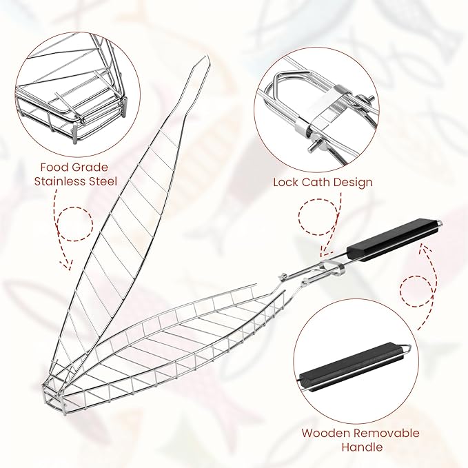Fish Grill Basket for Grilling, Stainless Steel Basket, Non-Stick Fish Rack for Grilling with Adjustable Lock Removable Handle, Ideal for BBQ, Camping, Charcoal and Gas Grills