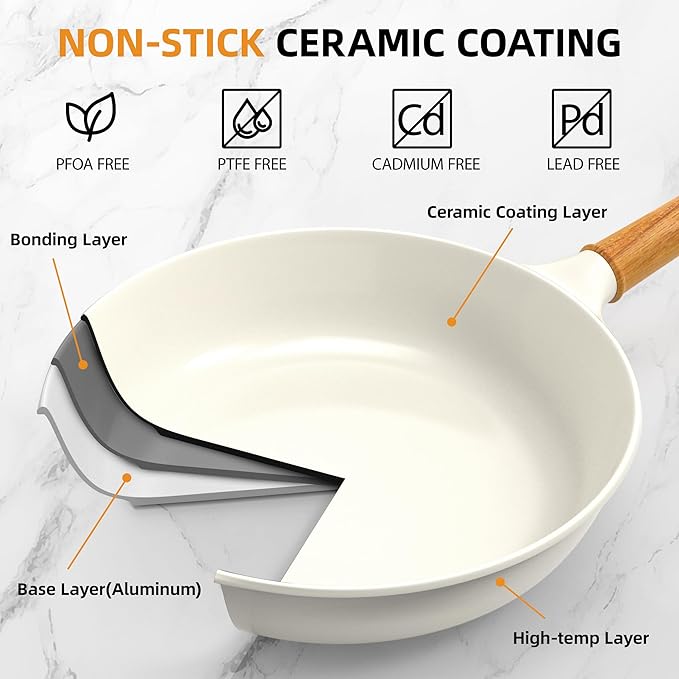 Nonstick Skillet with Lid ,10 Inch Deep Frying Pan, Toxin-Free Ceramic Frying Pan Cookware, Wabi-Sabi Style Healthy Non Toxic Cooking Pan with Helper Handle, Saute Pan Compatible with All Stovetops