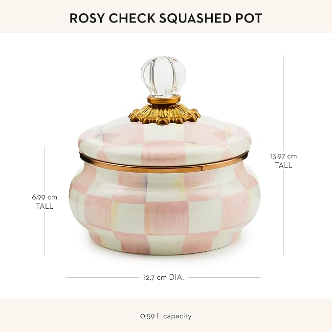 MACKENZIE-CHILDS Enamel Squashed Pot, Cute Enameled Container with Lid, 20 Ounces, Pink-and-White Rosy Check