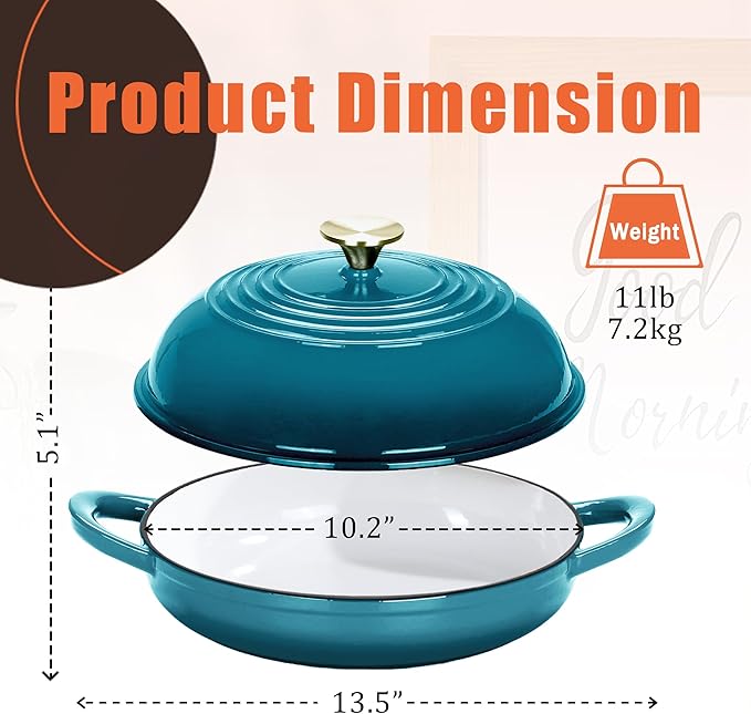 Enameled Round Cast Iron Bread Oven, 6 Qt Cast Iron Dutch Oven for Homemade Sourdough Bread Baking, Bread Dome Pot with Cloche Lid (Blue Green)
