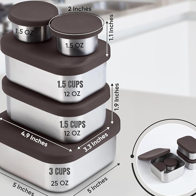 Flexibento - Leak proof Stainless Steel Lunch Box | Lunch Containers| Bento Box | 25 OZ, 2 * 12OZ, 2 * 1.5 OZ set |Snack Containers |Metal Lunch Box |SIlicone Lids|Meal Prep - Mocha Brown