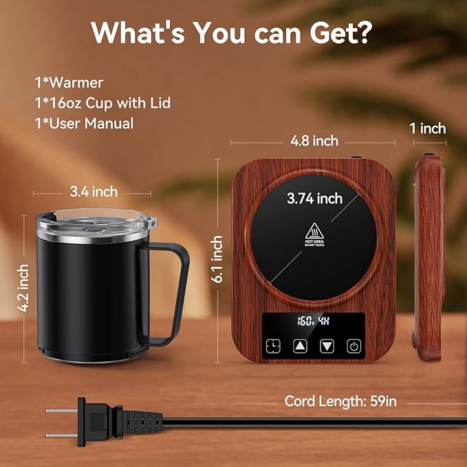 Coffee Mug Warmer & Mug Set for Desk, 36W Electric Coffee Mug Warmer with 16oz Cup, Smart Coffee Heater with 9 Temp Settings & Auto Shut Off, Home Office Desk Accessory, Gifts for Women Men, Wood