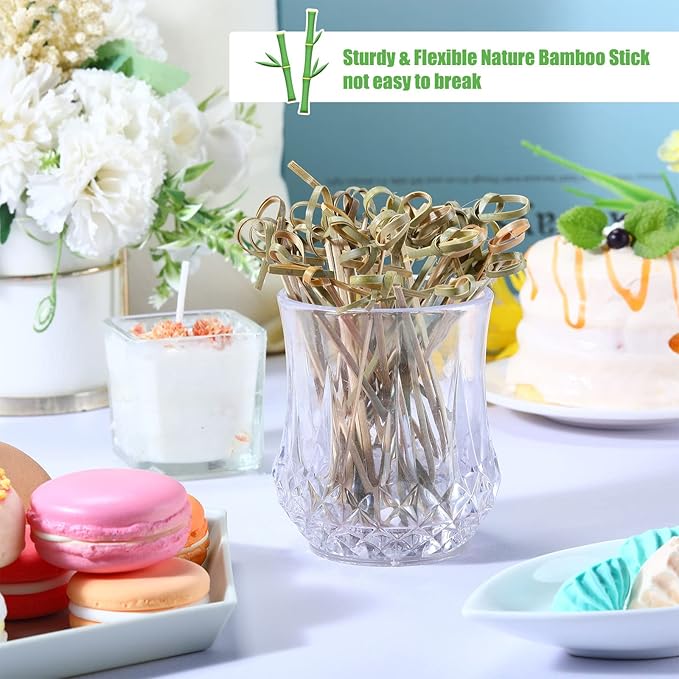 Nuogo 50 Pcs Bamboo Cocktail Picks 4.13 Inch Bamboo Skewers Fruit Toothpicks for Appetizers Drink Garnish Sticks Handmade Food Pick with Looped Knot for Party Bar Snacks Sandwiches Drinks