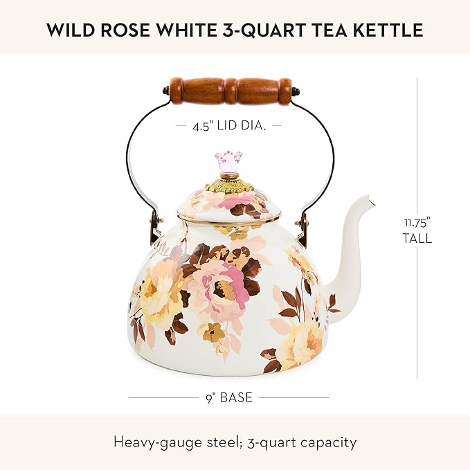 MACKENZIE-CHILDS Enamel Tea Kettle, Decorative Tea Kettle for Stovetop, 3 Quarts, Wild Rose White