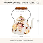MACKENZIE-CHILDS Enamel Tea Kettle, Decorative Tea Kettle for Stovetop, 3 Quarts, Wild Rose White