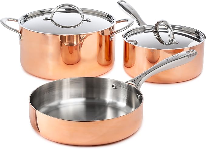 BergHOFF Vintage 5Pc Tri-Ply Copper 18/10 Stainless Steel Cookware Large Sized Set With Matching Lids, Polished, Long Ergonomic Shaped Handle, 3-layer Base, Gold