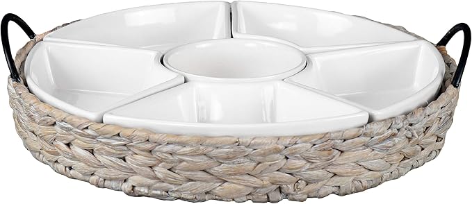 Ceramic Serving Trays, RANDEFURN Serving Platters with 6 Removable Dishes, Serving Tray for Parties, Food Tray 15.5 x 15.5 Inches, Perfect for or Chips,Whitewash