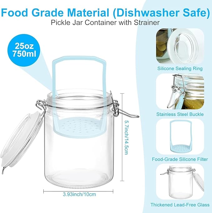 2 Pack Glass Pickle Jar with Strainer, 25oz Pickle Container With Pickle Holder Keeper Lifter, Pickle Storage Flip Jar with Leak Proof Airtight Lid for Olives, Gherkins, Sliced Pickles