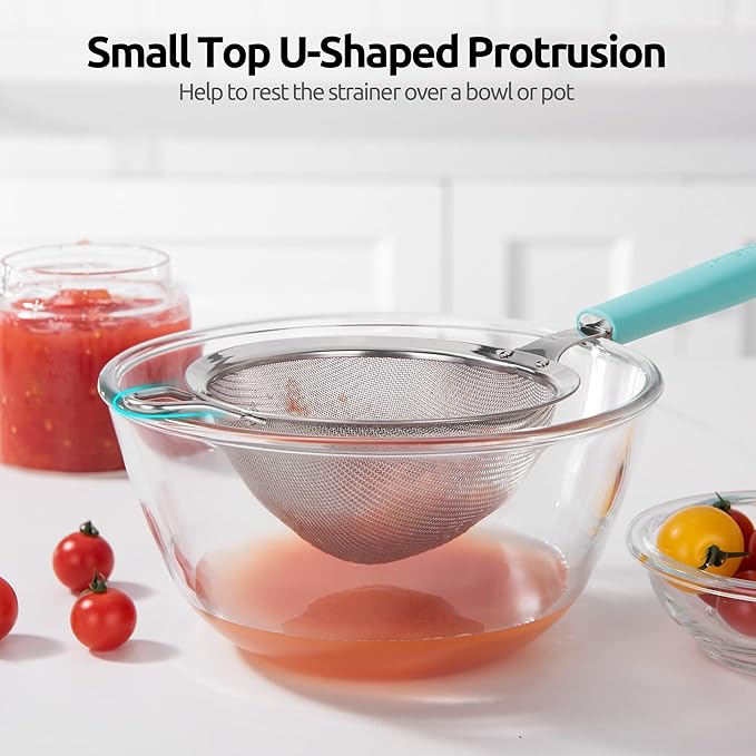 18/8 Stainless Steel Mesh Strainer: U-Taste 5.5 Inch Kitchen Fine Mesh Sieve Food Colander with Riveted Sturdy Silicone Handle and 30 Mesh Hole for Straining Flour, Pasta, Fruit, Quinoa(Aqua Sky)