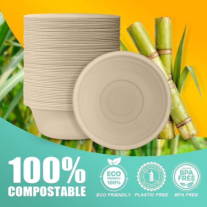 200 Count 16 oz Paper Bowls, Disposable Compostable Bowls, Heavy Duty Biodegradable Sugarcane Bagasse Bowl for Breakfast, Salad, Fruits, Desserts, Natural