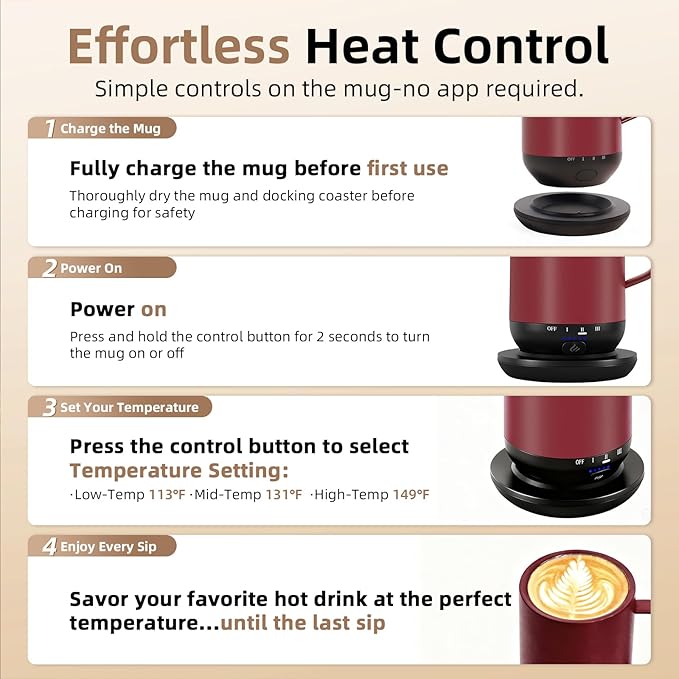 Self Heating Coffee Mug,High-Capacity- 18 oz, 180 Min Battery Life, Smart Heated Coffee Mug，Smart Mug, Simple Temperature Control Operation, Gifts for Family Members (Burgundy)