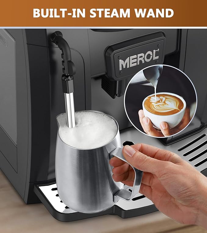 MEROL Fully Automatic Espresso Coffee Machine, 19 Bar Cafe Maker Built-in Adjustable Grinder and Manual Milk Frother Steam Wand, for Cappuccino Latte Macchiato, for Coffee Lover, ME-715, Black