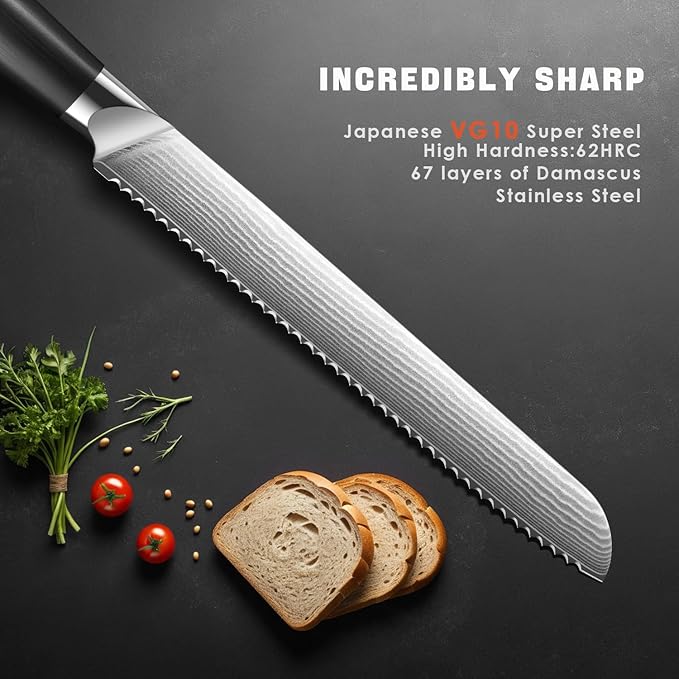 Bread Knife for Homemade Bread, 10 Inch Multifunction Serrated Knife, Razor Sharp Slicer, Forged High Carbon Steel, Full Tang Ergonomic Handle Design for Sourdough Turkey Fruit