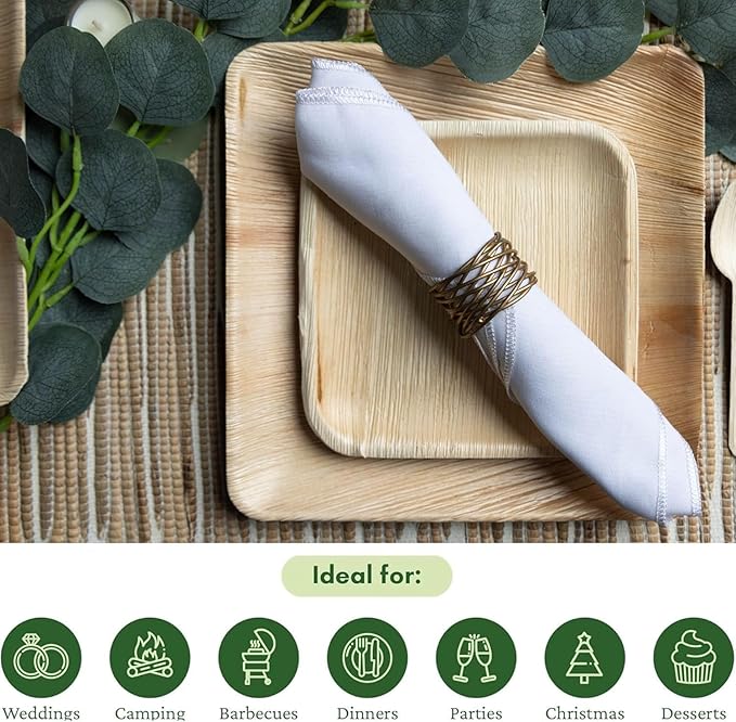 Dtocs Palm Leaf Plates (50) - 10 Inch Square Dinner (25), 7" Dessert (25) | Bamboo Plates Disposable Look Dinnerware Set | Sturdy, Compostable Alternative to Paper, Plastic Party Pack
