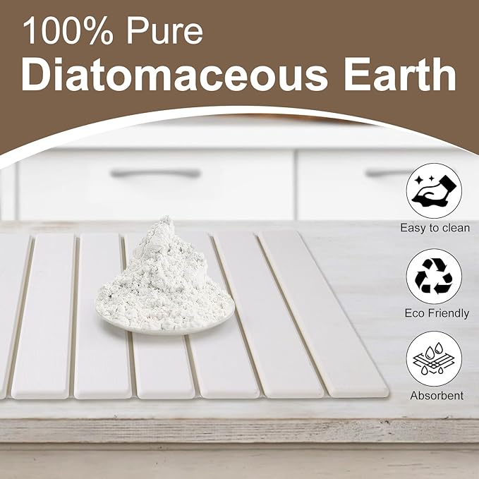 Large Stone Dish Drying Mat for Kitchen Counter – Foldable, Quick Dry, Ultra Absorbent Diatomaceous Earth Mat for Dishes, Bottles, Cups, Countertops & Bathroom, 24"×16" (White)
