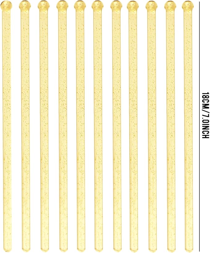 100 Pieces Disposable Plastic Round Top Clear Swizzle Sticks, Crystal Cake Stick, Cocktail Coffee Drink Stirrers 7.24 Inch (Golden)