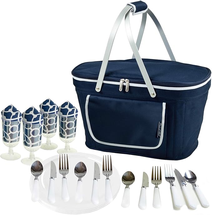Picnic at Ascot Patented Collapsible Insulated Picnic Basket Equipped with Service For 4- Designed and Assembled in USA