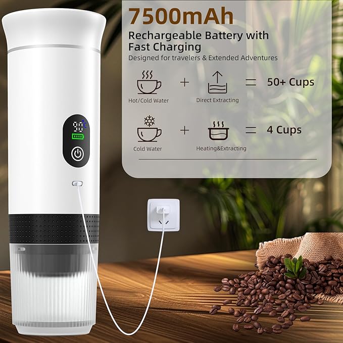 Portable Coffee Maker for Travel & Camping, Portable Espresso Maker for Travel, Rechargeable Cordless Battery Operated Coffee Makers for Ground Coffee, NS Capsule RV, Hiking, Office(White)