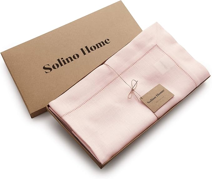 Solino Home Linen Tablecloth 60 x 108 Inch - Classic Hemstitch 100% Pure Linen Pink Table Cloth for Rectangle Tables - Machine Washable Tablecloth for Summer, Halloween