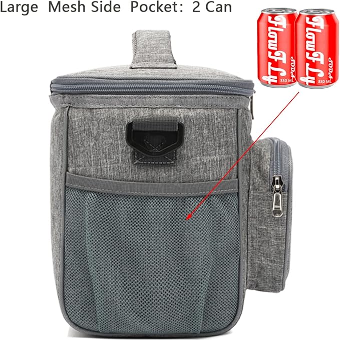 FlowFly Insulated Reusable Lunch Bag Adult Large Lunch Box for Women and Men with Adjustable Shoulder Strap,Front Zipper Pocket and Dual Large Mesh Side Pockets,Grey